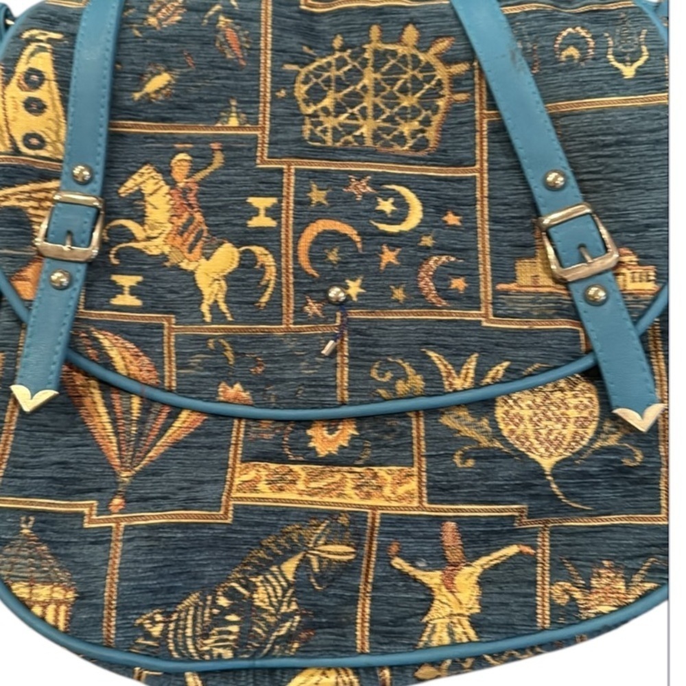 Motif Turkish Blue Tapestry & Vegan Leather Satchel Crossbody Bag - Picture 6 of 14